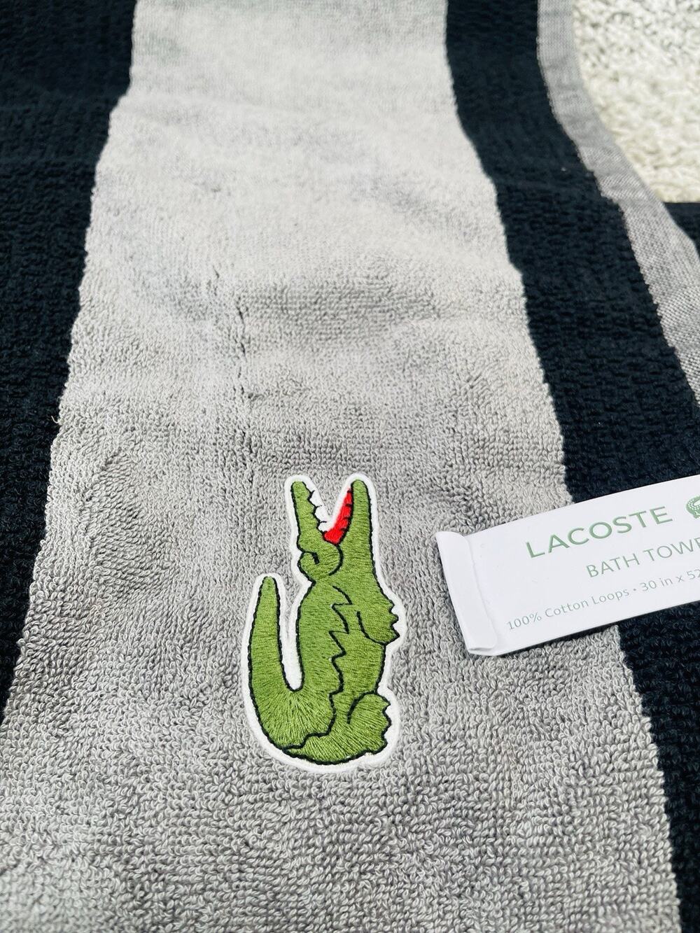 LACOSTE Bath Towel 100% Cotton 30" x 52" Gray Big Crocodile Logo Bathroom Nwt